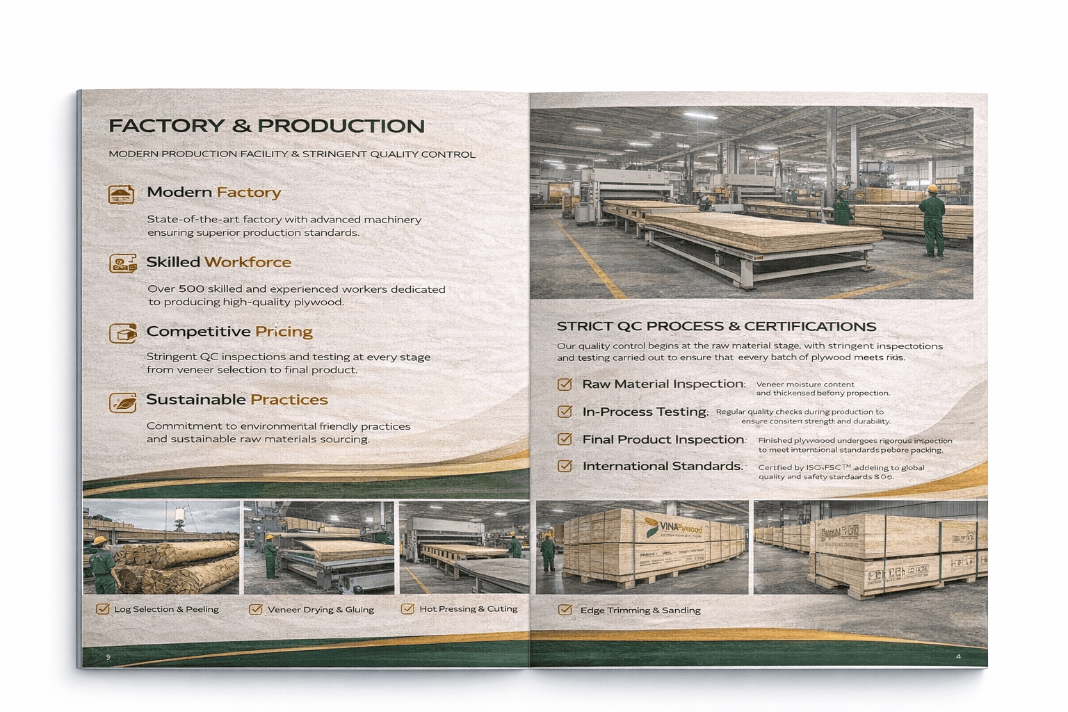 Catalogue spread highlighting plywood applications and surfaces